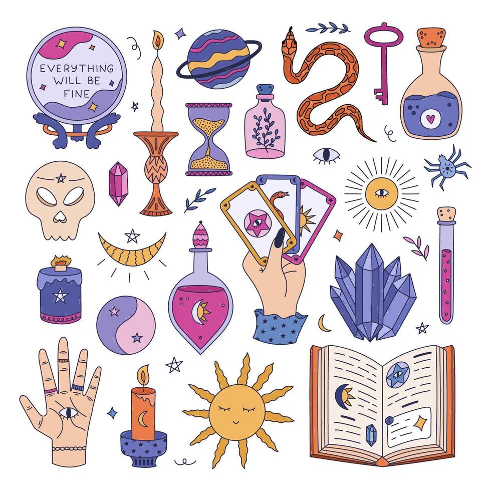 Big colorful doodle esoteric and magical set with wizard potion, spell book, crystal ball of fortuneteller, astrology elements. Lovely hand drawn Halloween collection with witch core aesthetic. vector