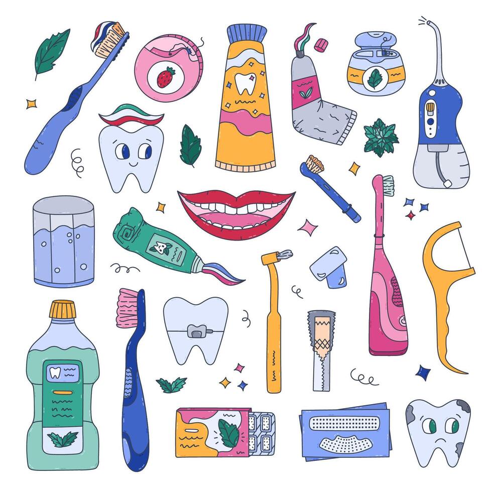 Big multicolor doodle oral care and dentistry set with dental cleaning tools and products, funny tooth characters. Toothpaste, brush, floss, mouth. Lovely hand drawn teeth hygiene isolated doodle. vector