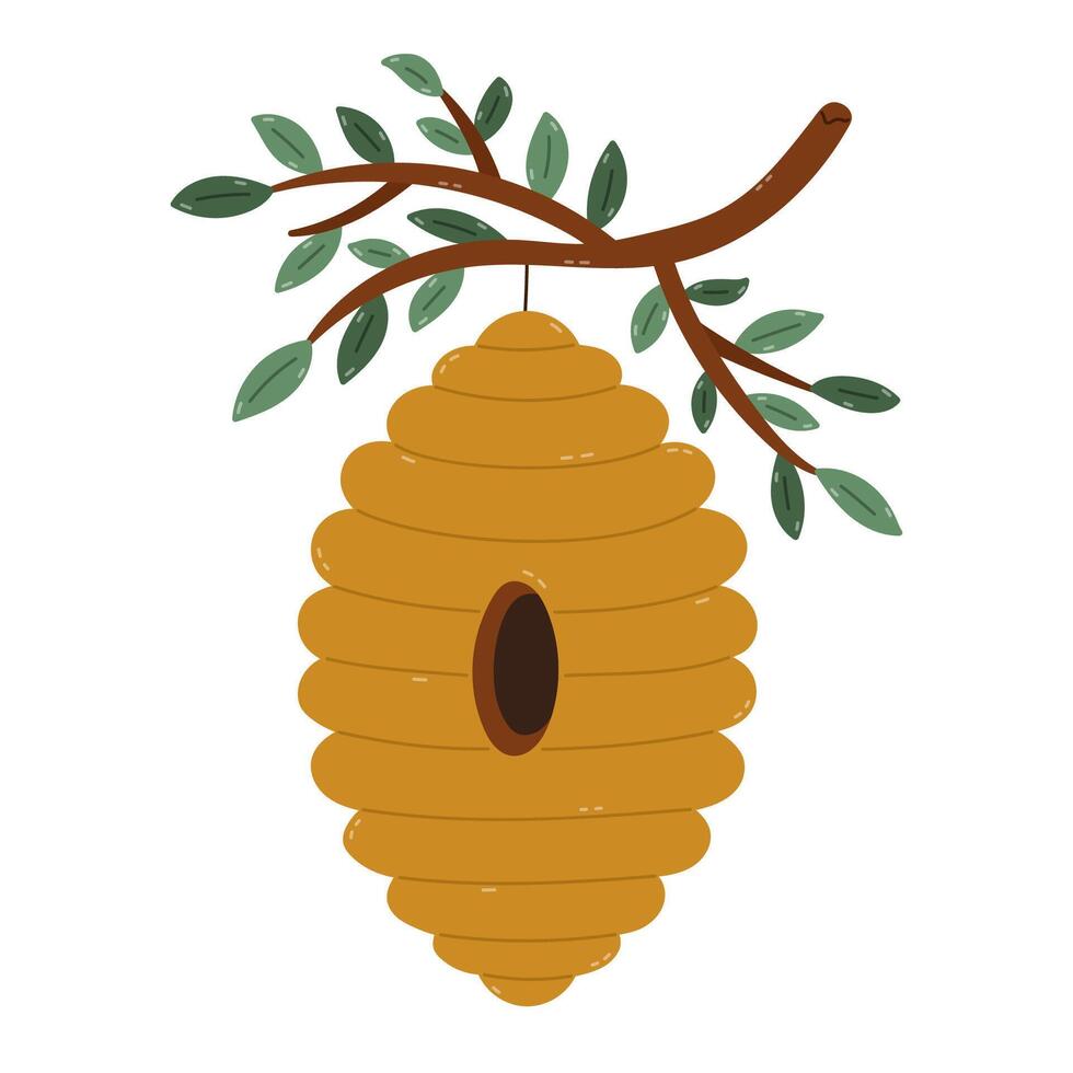 Lovely cartoon wild beehive hanging on tree foliage branch. Childish hand drawn wild natural bee hive, honeybee nest. Flat classic home of honey bees isolated on white background for poster. vector