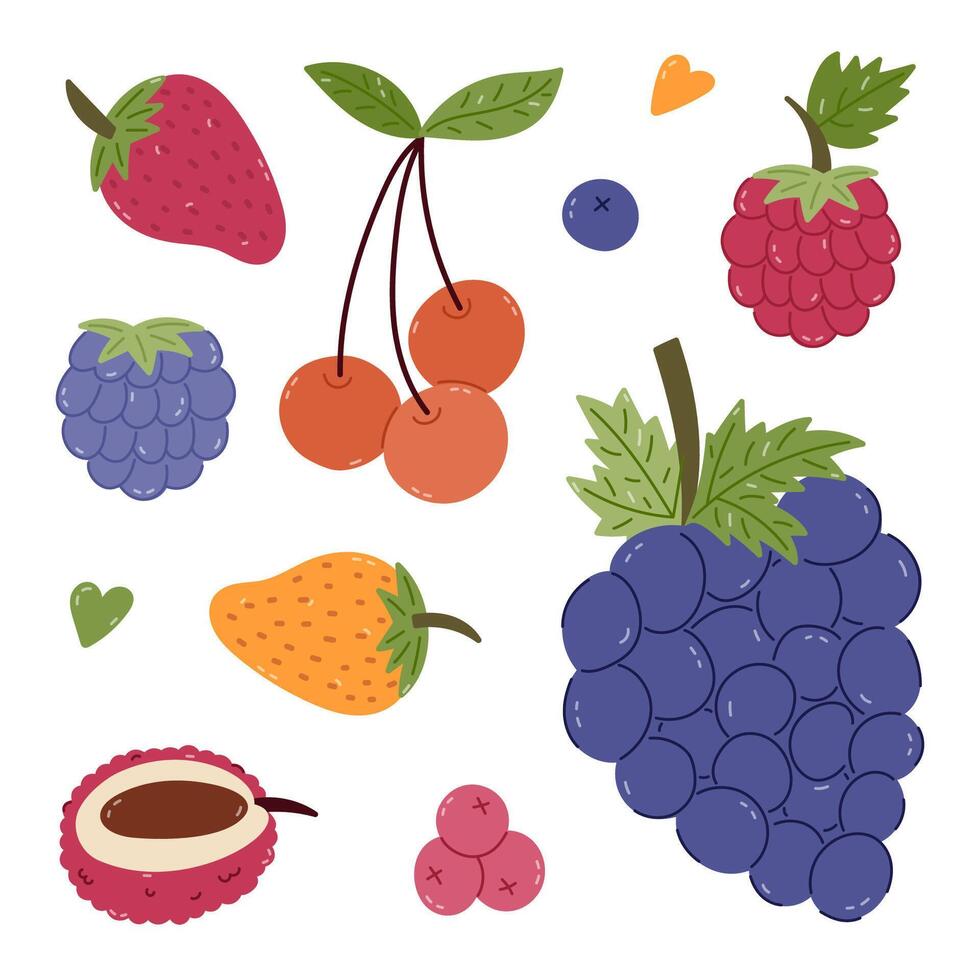 Lovely cartoon set with summery and autumn fruit and berries. Vivid clipart of grape, strawberry, cherry for poster, design, social media, print. Healthy yummy food collection isolated on white. vector