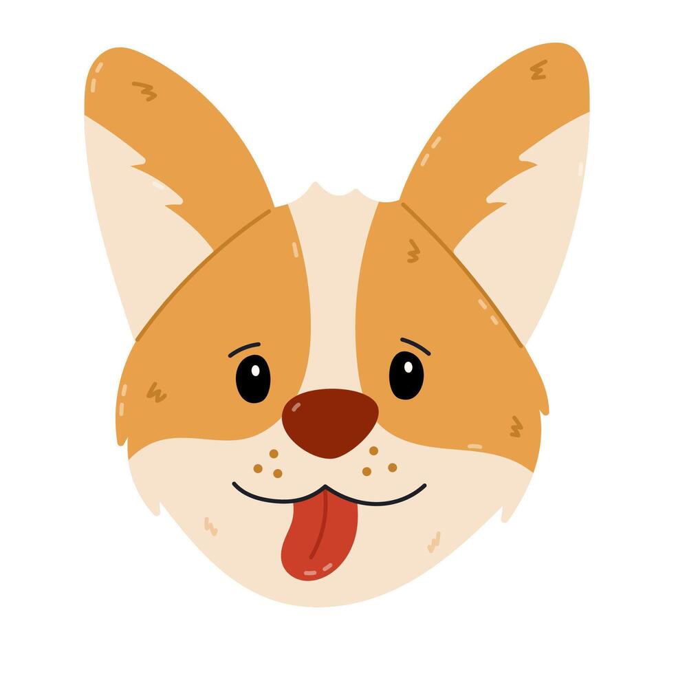 Lovely cartoon Corgi dog head with large ears, playful eyes, sticking tongue. Kids hand drawn puppy face of popular Welsh Corgi canine breed. Friendly pedigree pet isolated on white background. vector