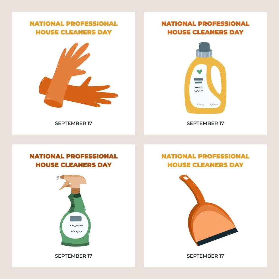 Set of square simple banners for National Professional House Cleaners Day with cleansing tools and bottles. Hand drawn washing and hygiene clipart for social media post, website banner, promotion. vector