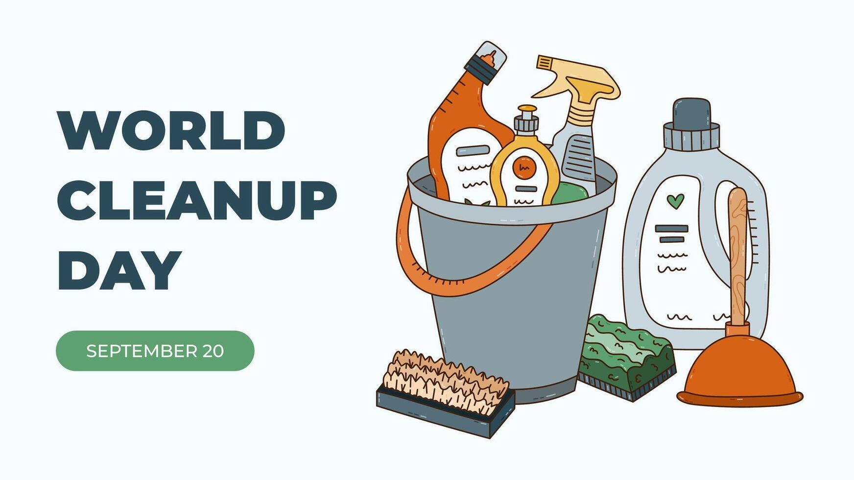Horizontal minimalistic banner for World Cleanup Day with household tools, detergent bottles in bucket. Simple holiday concept illustration with outline in warm colors for poster, website, media. vector