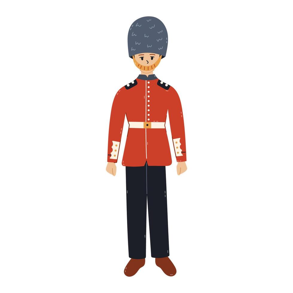 Lovely cartoon standing British guard of Queen, royal family at Buckingham Palace in traditional uniform, fur bearskin hat. Trendy hand drawn England soldier during service isolated on background. vector