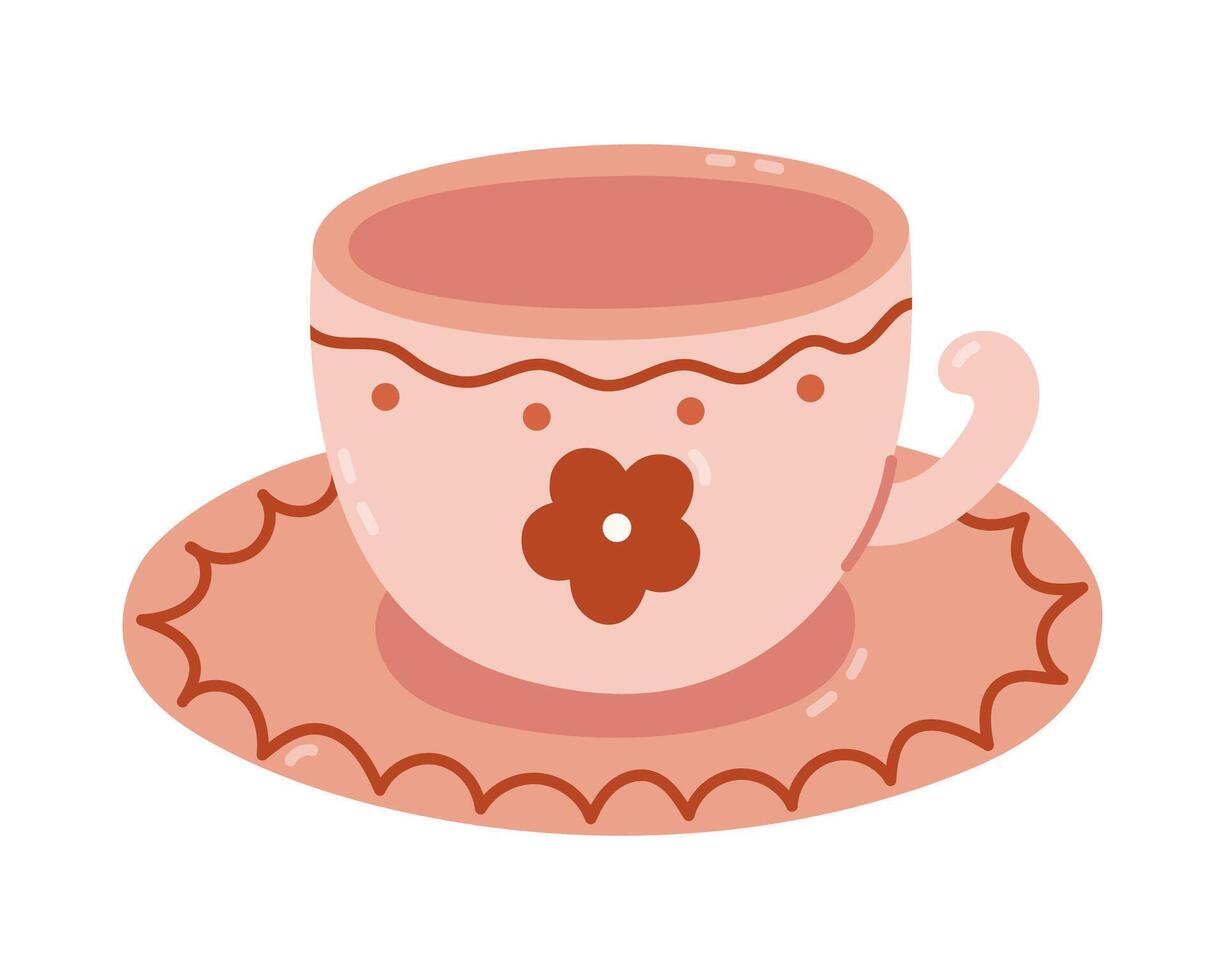 Lovely cartoon coffee cup with saucer and flowery ornament for tea party, afternoon relax. Childish hand drawn tea service element as sign of tea ceremony of England, UK, China isolated on background. vector