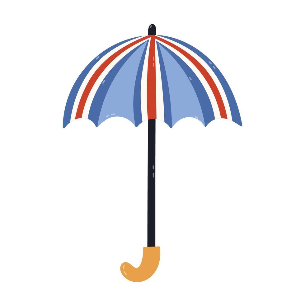 Lovely cartoon umbrella in colors of Great Britain flag for rainy and foggy weather. Childish hand drawn open umbrella cane for rain protection as sign of England and London isolated on background. vector