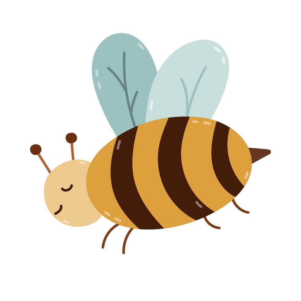 Lovely cartoon honey bee in the flight with closed eyes. Adorable hand drawn bumblebee as symbol of springtime, honey, beekeeping. Childish flying honeybee insect character isolated on background. vector