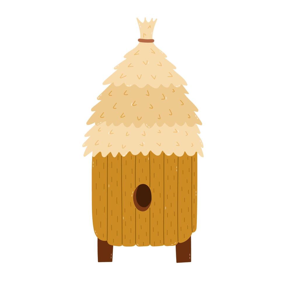 Lovely cartoon man made bee hive with straw roof, hardwood and dark hole. Childish hand drawn beehive, nest for honey bees. Flat concept of farming, beekeeping isolated on white for design, print. vector