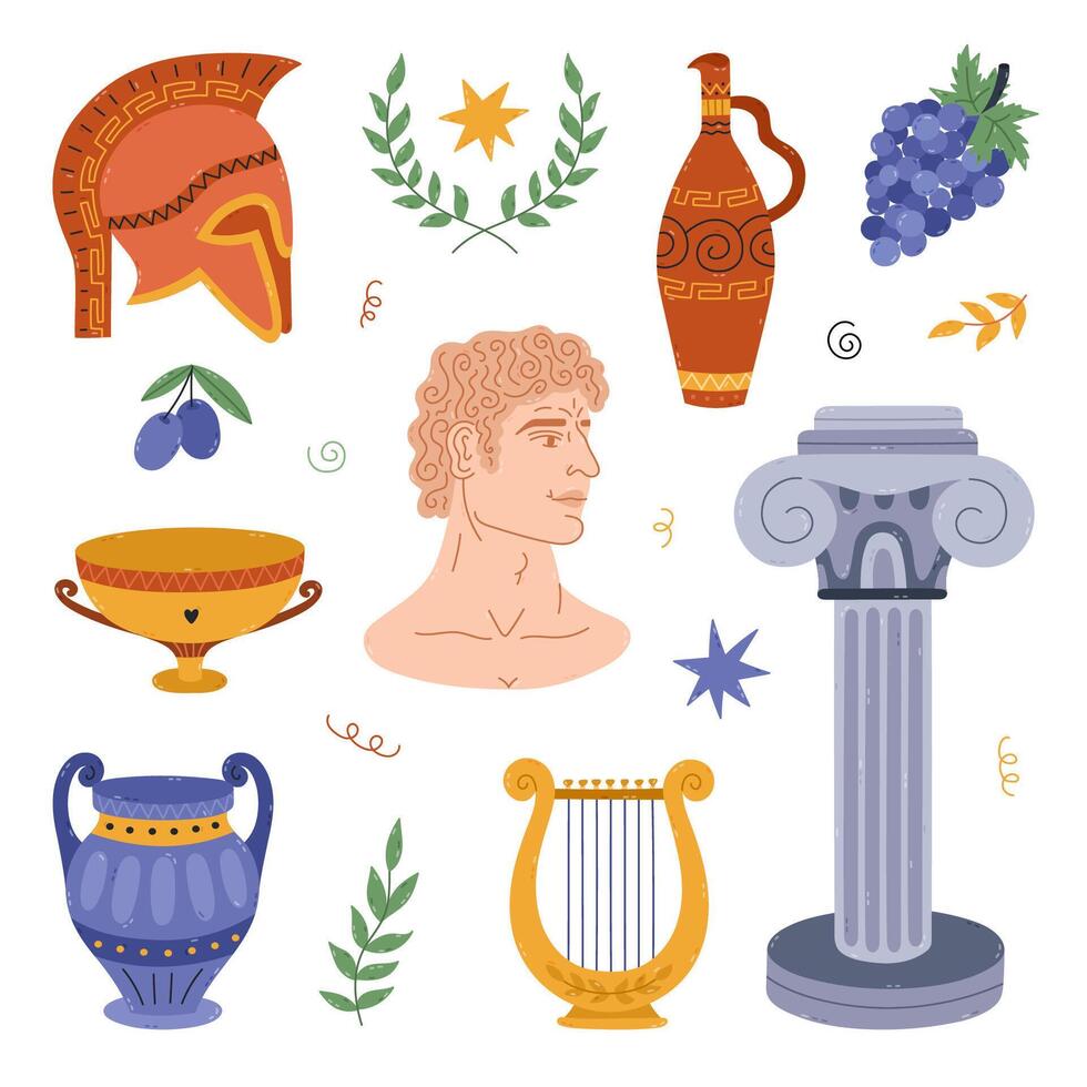 Lovely cartoon set of medieval Greece symbols, classical sculpture, pillar, ornate jars, spartan helmet, musical lyre, grape. Hand drawn trendy ancient Greek clipart for design, sticker, media, print. vector