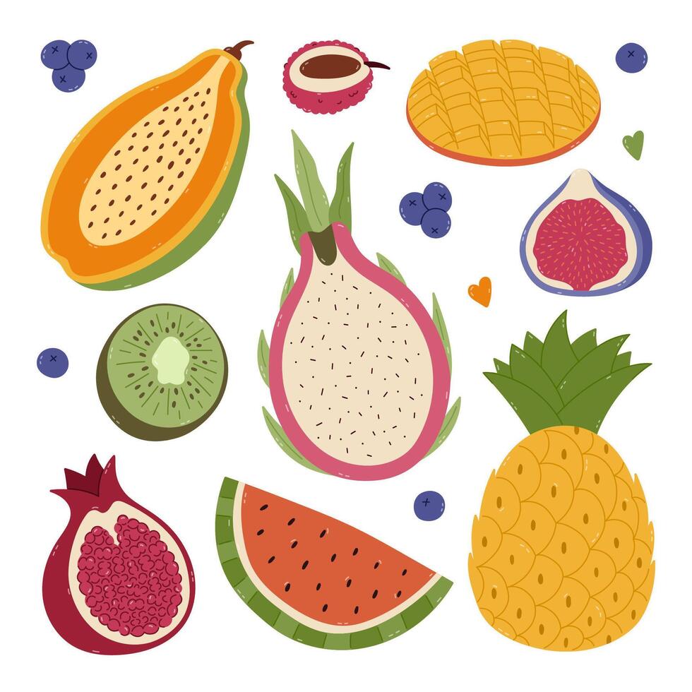 Lovely cartoon set with tropical exotic fruits and berries. Vivid clipart of papaya, pineapple, watermelon, kiwi, mango for poster, design, social media, print. Vegetarian tropics fruit collection. vector