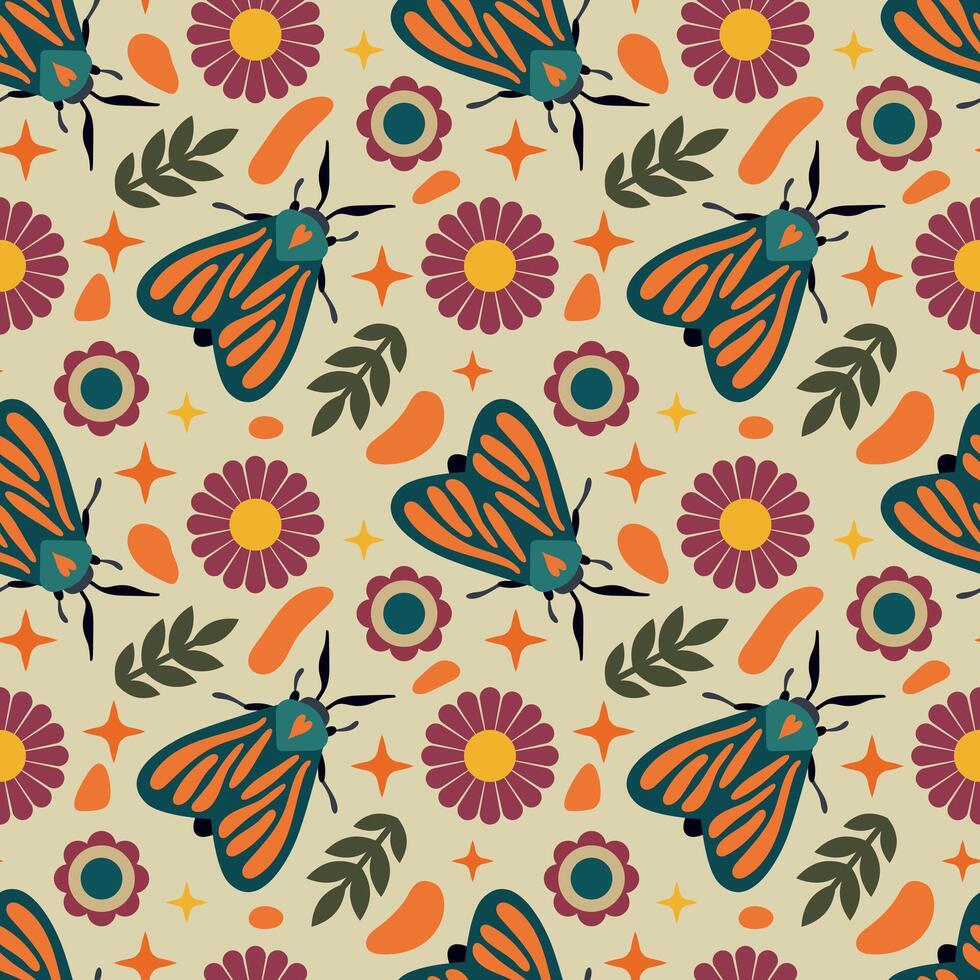 Colorful Moths and Flowers Seamless Pattern. Vibrant moths, flowers, and leaves in bold colors on a light background. Ideal for textile design, wallpapers, and decorative prints. vector