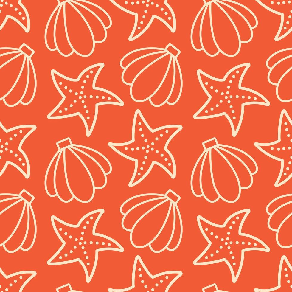 Starfish and Shell Seamless Pattern Illustration. Outlined starfish and shells on bright orange background. Ideal for marine-themed designs, textiles, and backgrounds vector