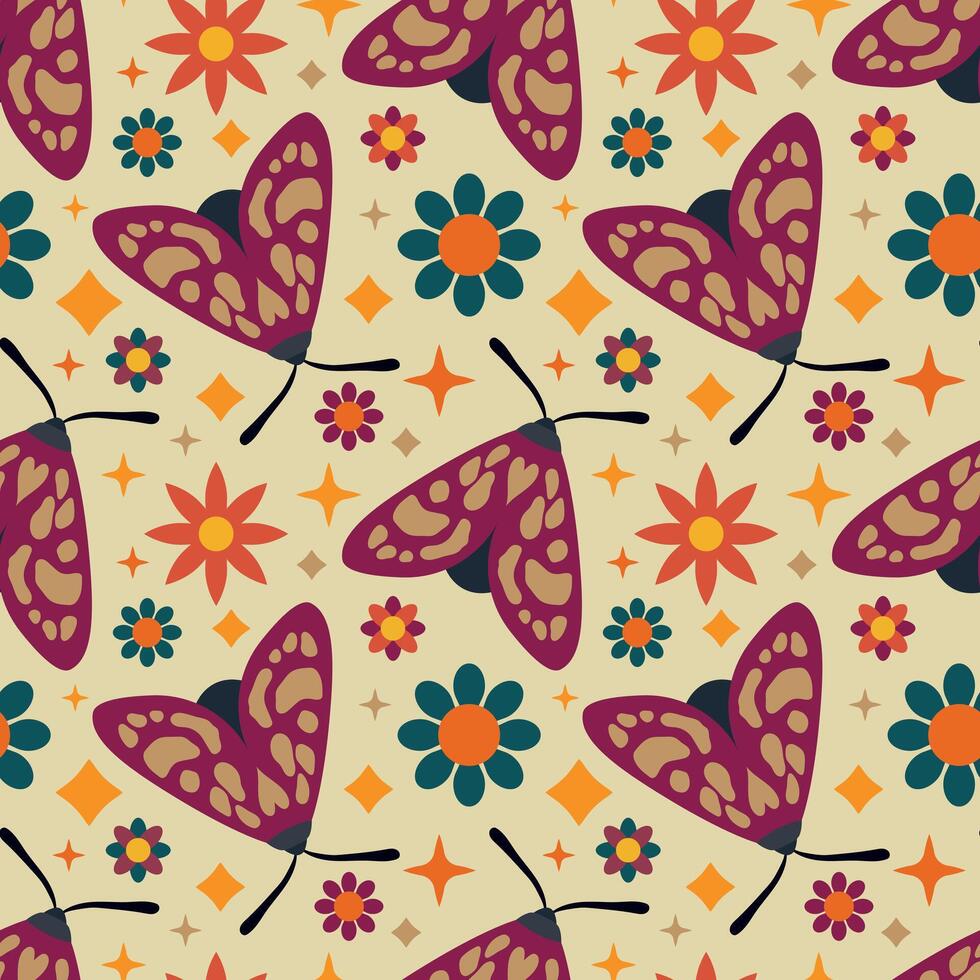 Colorful Butterfly and Flower Seamless Pattern Illustration. Ideal for decorative prints, textiles, and creative projects with a playful theme vector
