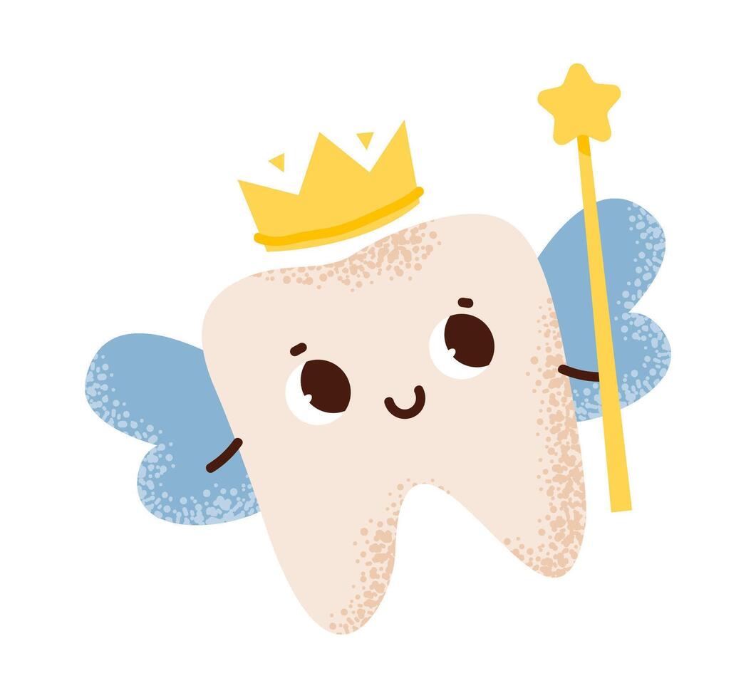 Cute tooth fairy character with crown and magic. Happy molar with smile face and wings. Flat illustration. vector