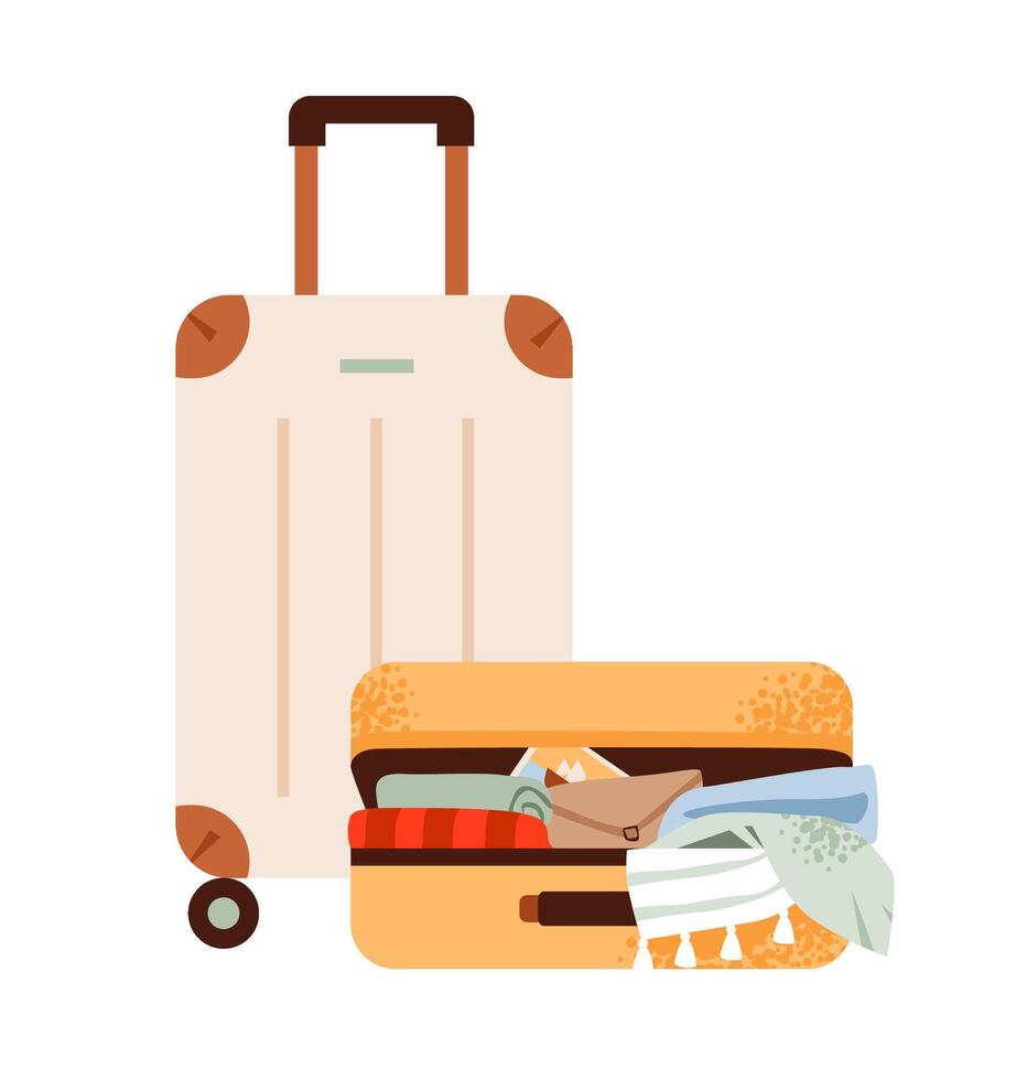 Flat illustration of an open suitcase with packed clothes and travel essentials. Modern flat of travel accessories, luggage, clothes, and gear. vector