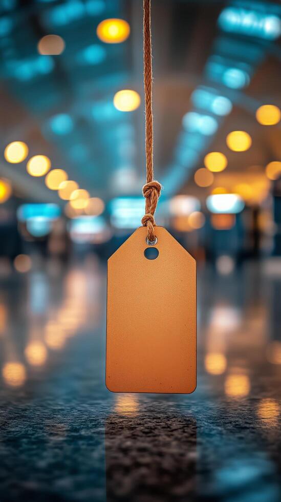 A blank tag hanging from a string in an airport photo