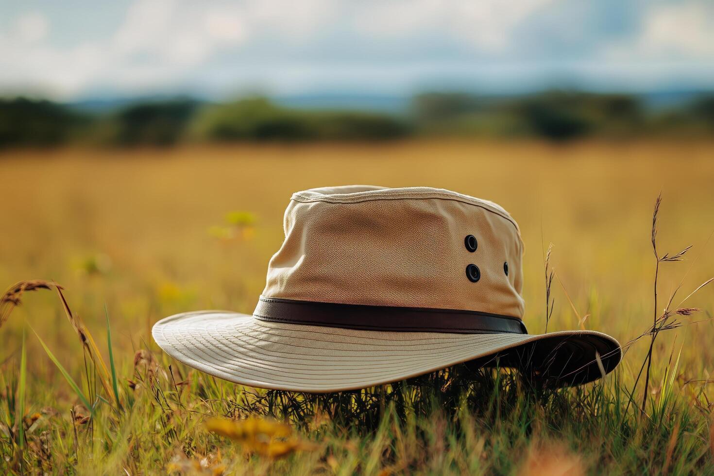 A hat sits in the middle of a field photo