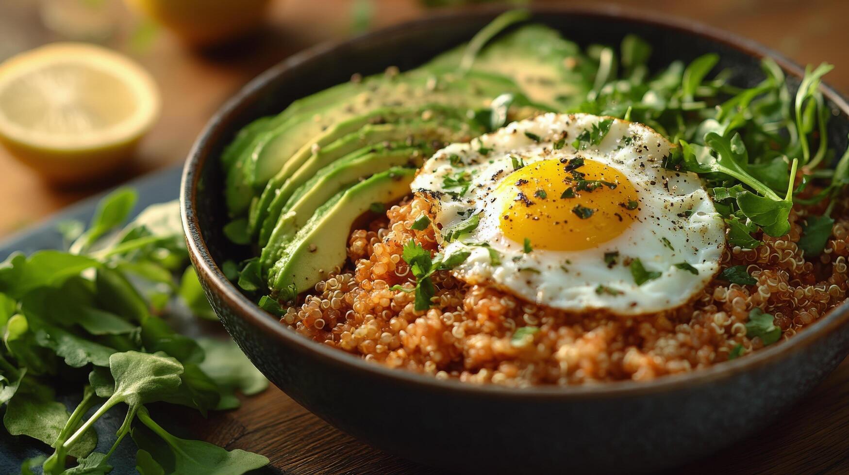 Quinoa, egg, avocado, and greens photo