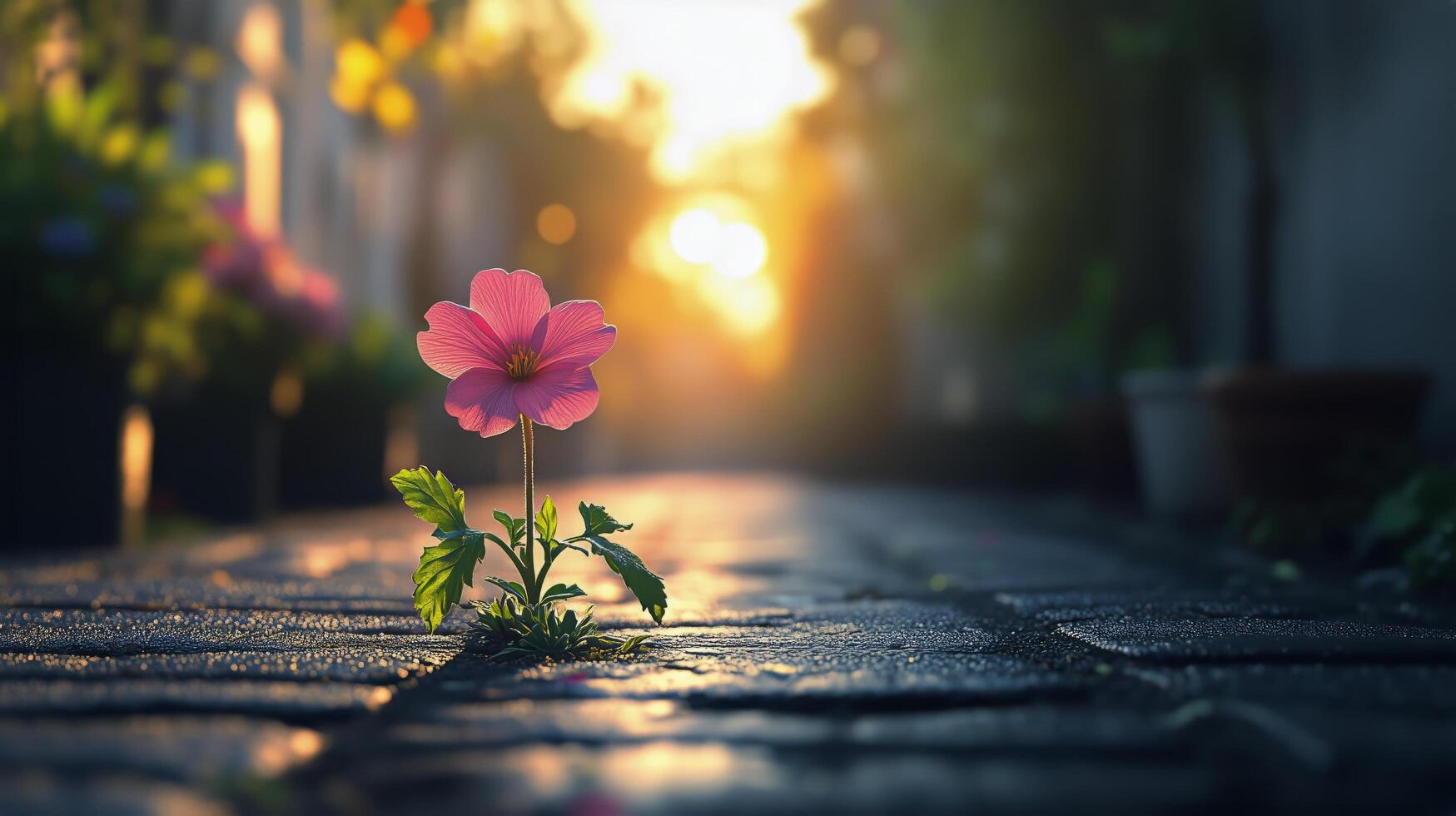 A pink flower is growing out of the ground in a street photo