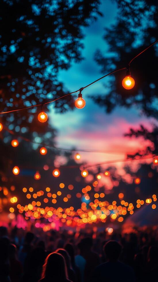 A crowd of people at an outdoor event with string lights photo