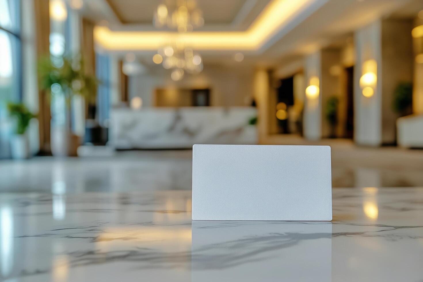 Blank card on marble table in lobby of hotel photo
