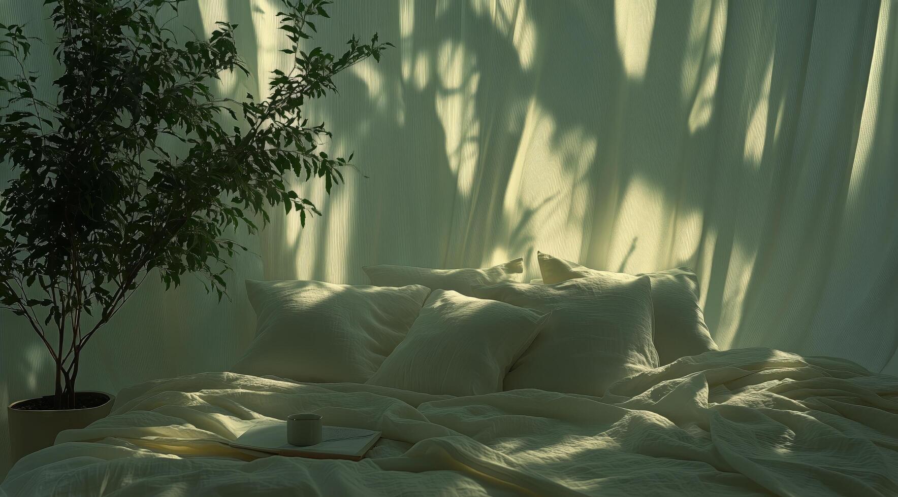 A bed with pillows and a plant in front of it photo