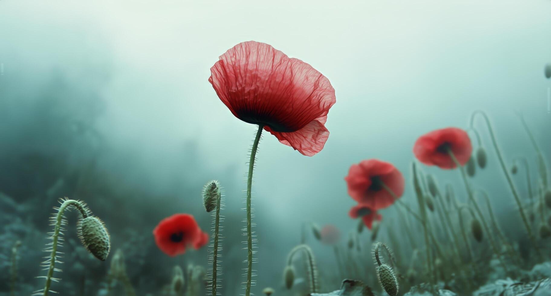 Poppy flowers in the fog photo
