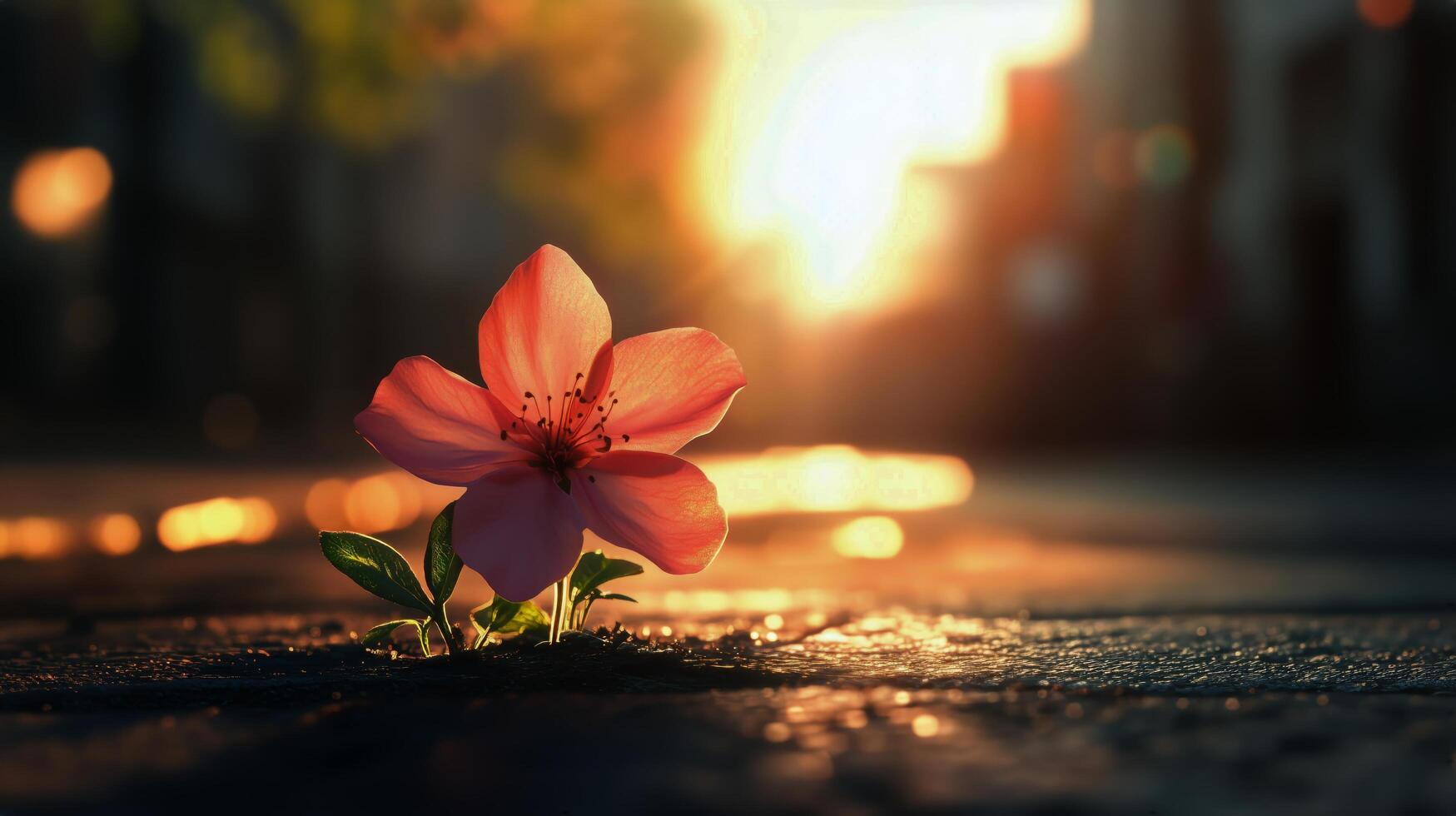 A flower growing out of the ground in the middle of a street photo