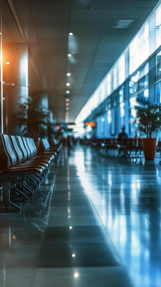 Empty airport terminal with chairs and plants photo