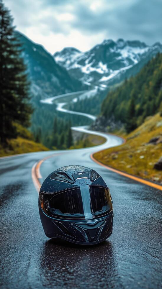 A motorcycle helmet sits on the road in front of a mountain photo