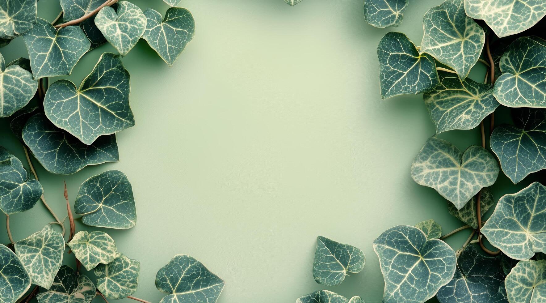 Ivy leaves on a green background photo