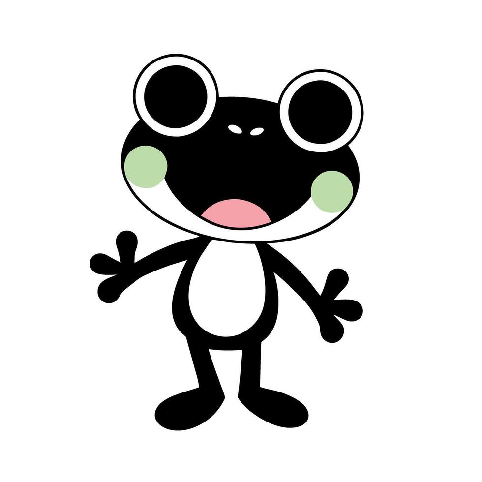 cartoon frog with oversized eyes and joyful expression in clean bold black silhouette style on white background vector
