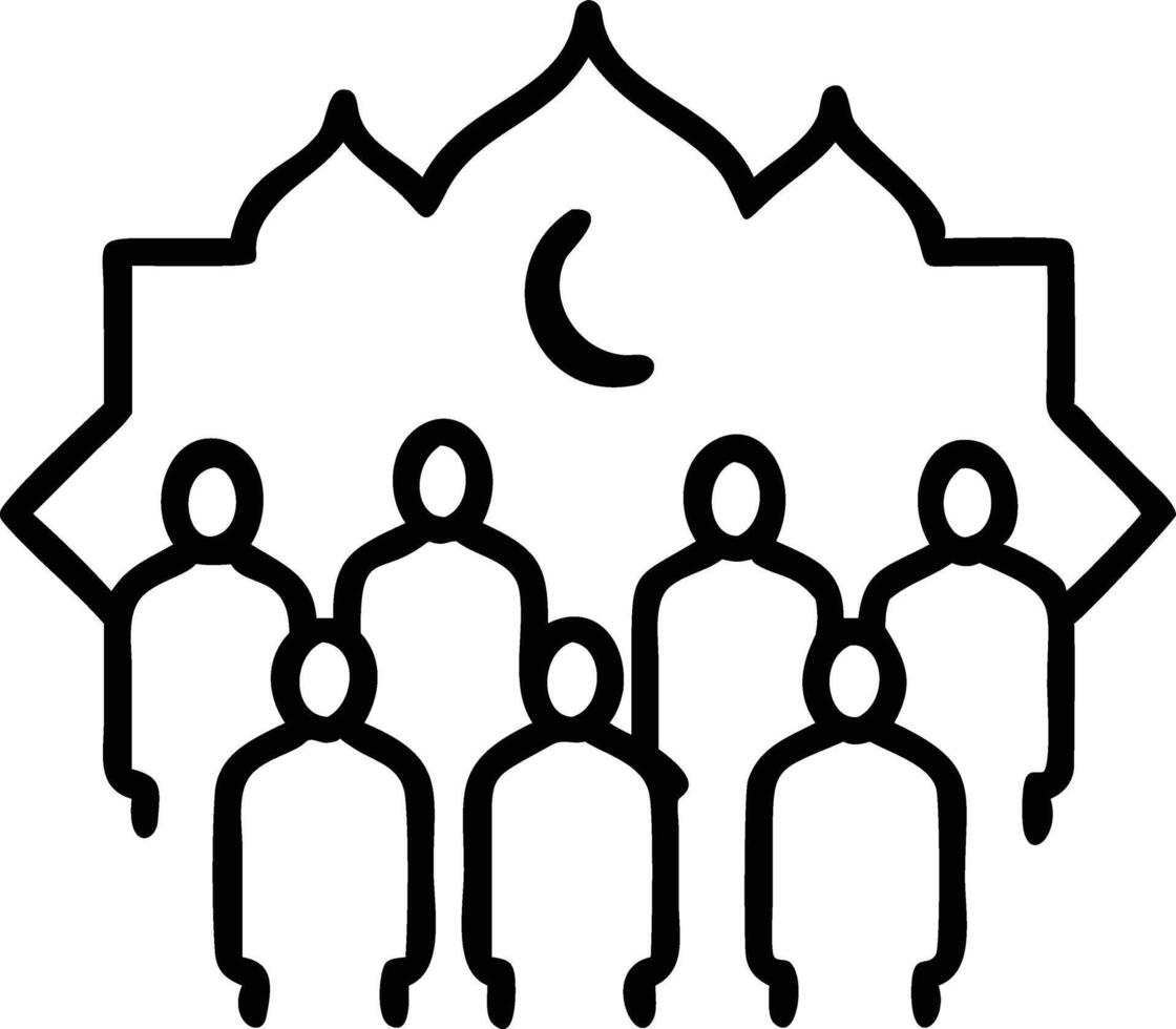 A tranquil Eid morning prayer gathering with people in traditional attire praying together in front of a mosque vector