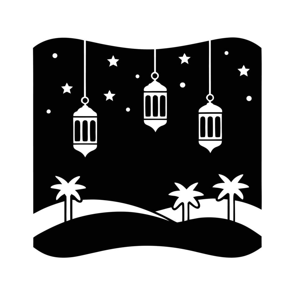 Elegant Eid decorations with lanterns hanging over a desert landscape, stars shining bright in a tranquil night sky, symbolizing the festive spirit vector