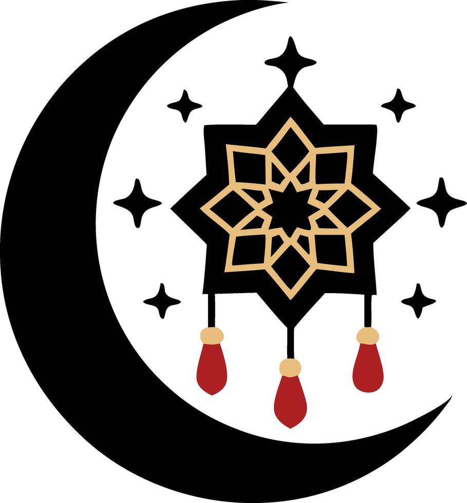 Elegant crescent moon with ornate geometric star and hanging lanterns, Islamic elements Background for festive design and decoration vector