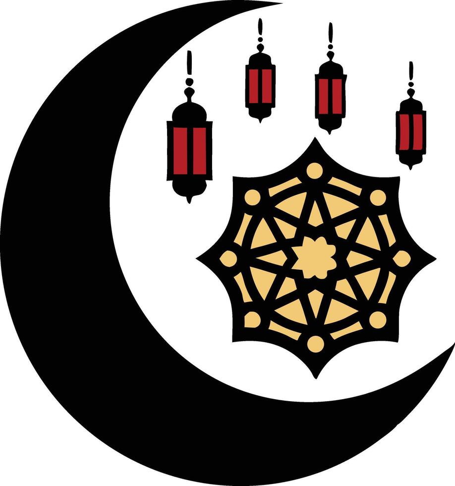 Ramadan crescent moon and intricate geometric star with hanging lanterns, Islamic elements Background for holiday and festive celebrations vector