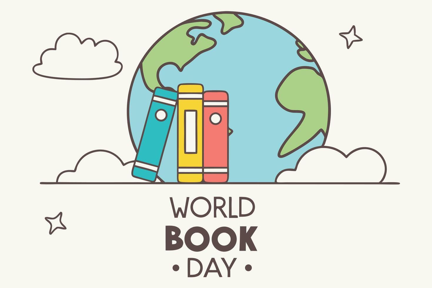Graphic design for World Book Day featuring colorful books, Earth, and cloud elements for a lively and educational look vector