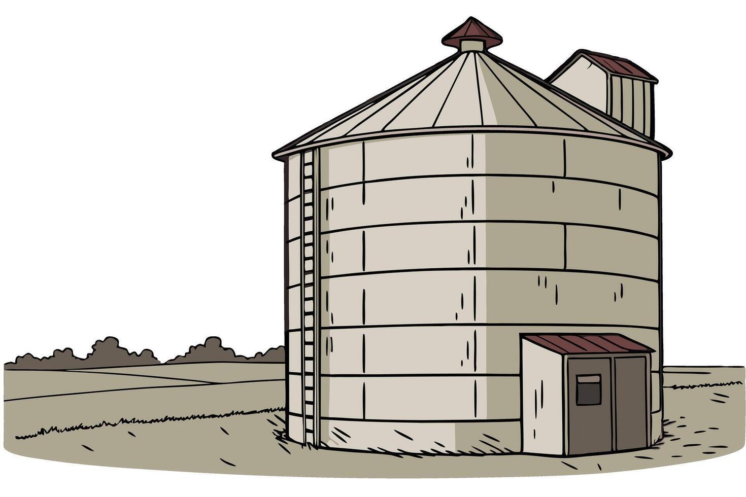 A grain storage silo with a conical roof, commonly seen on farms for storing harvested grains like corn, wheat, and other agricultural products vector