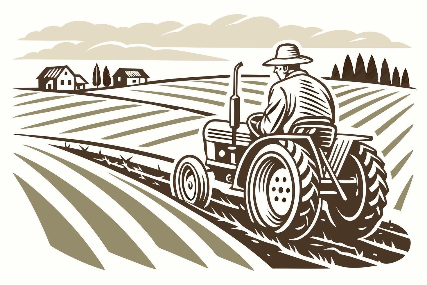 a metal plow cutting through soil with a farmer .eps vector
