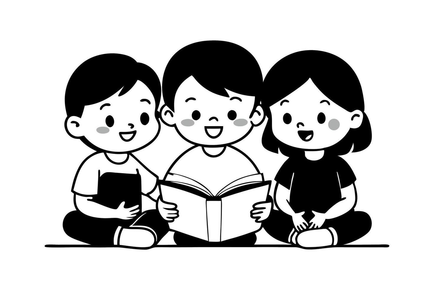 Three kids enjoying their books on World Book Day, immersed in their stories while sharing the joy of reading vector