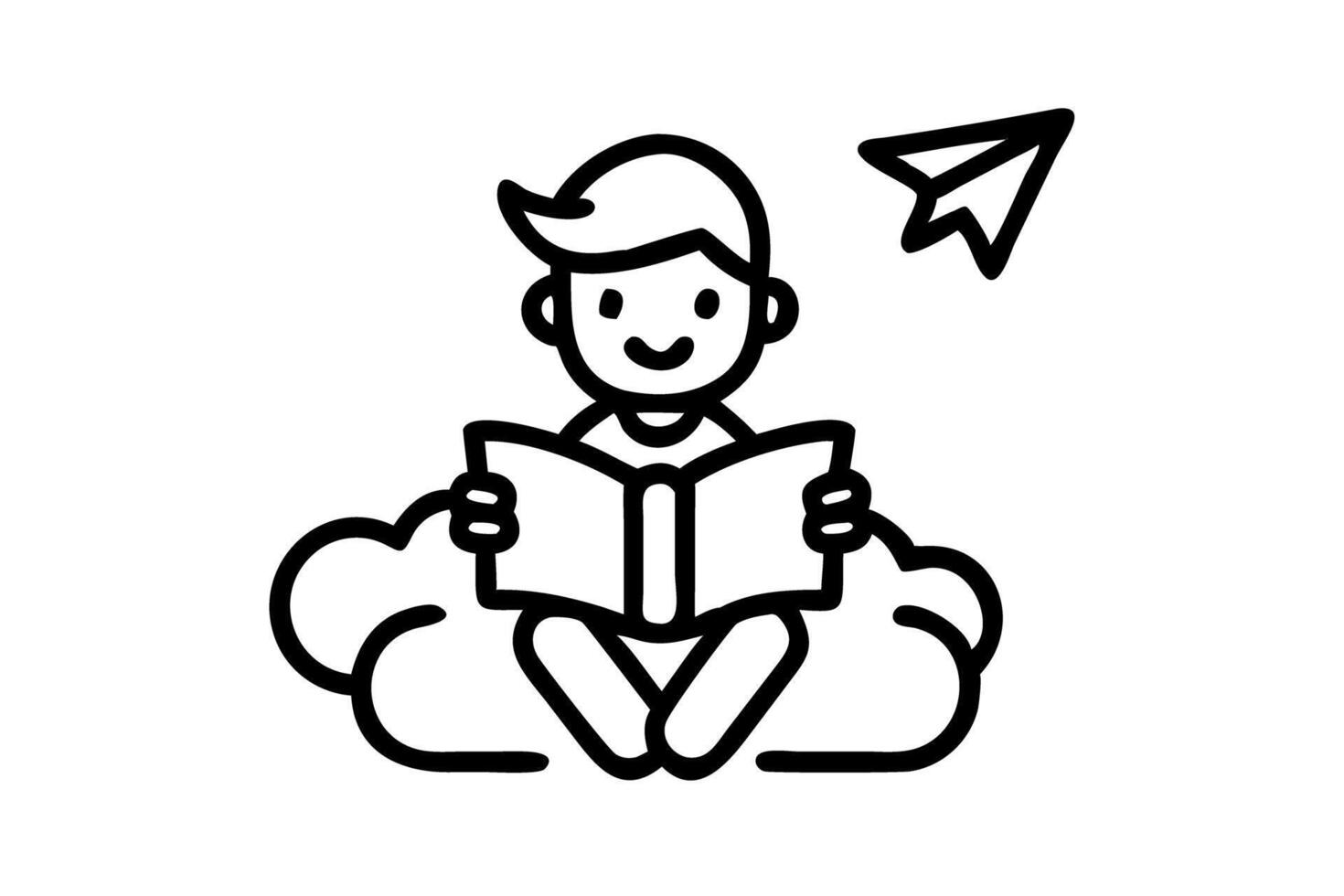 Whimsical illustration of a child reading a book surrounded by clouds and paper airplanes, symbolizing creativity and imagination for World Book Day vector