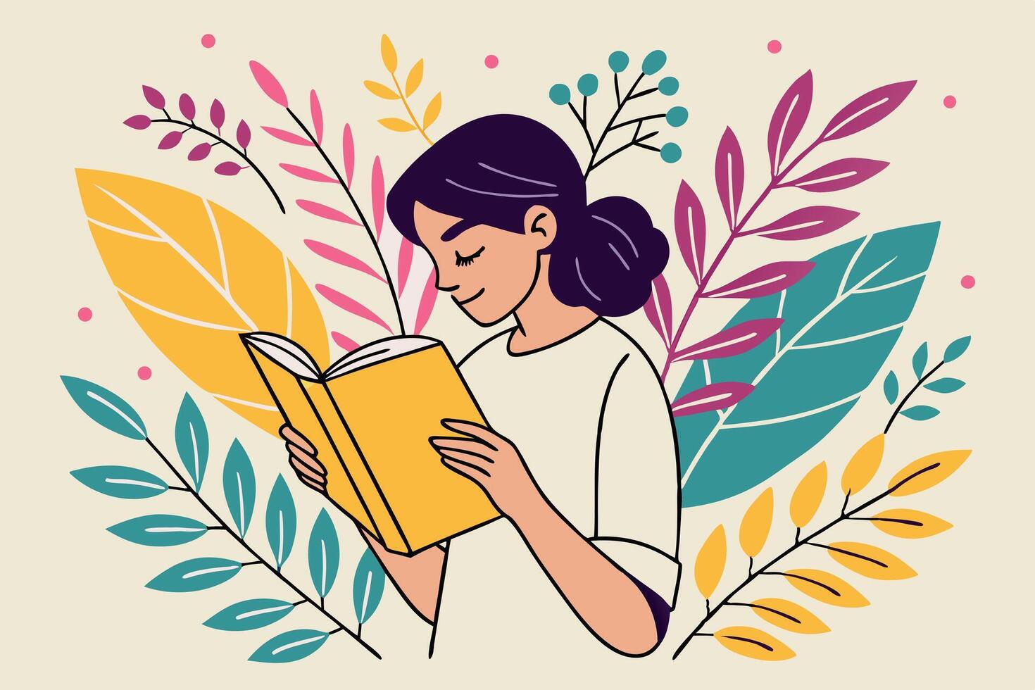 An illustration of a smiling girl reading a book surrounded by nature, celebrating World Book Day with a focus on literature vector