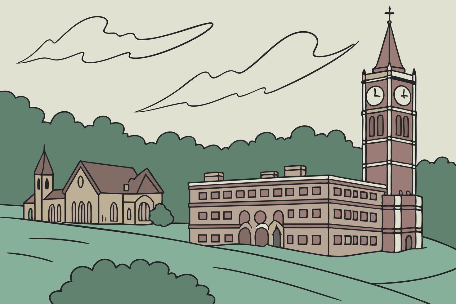 A picturesque campus with iconic clock towers, historical buildings, and peaceful greenery, perfect for representing academic or collegiate settings vector