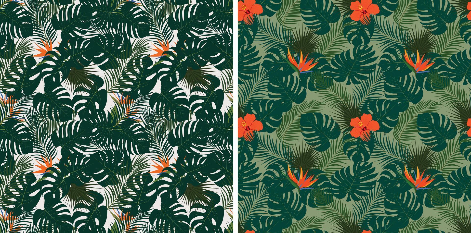 Tropical palm leaves seamless pattern with exotic strelitzia , hibiscus flowers and summer tropical background. vector