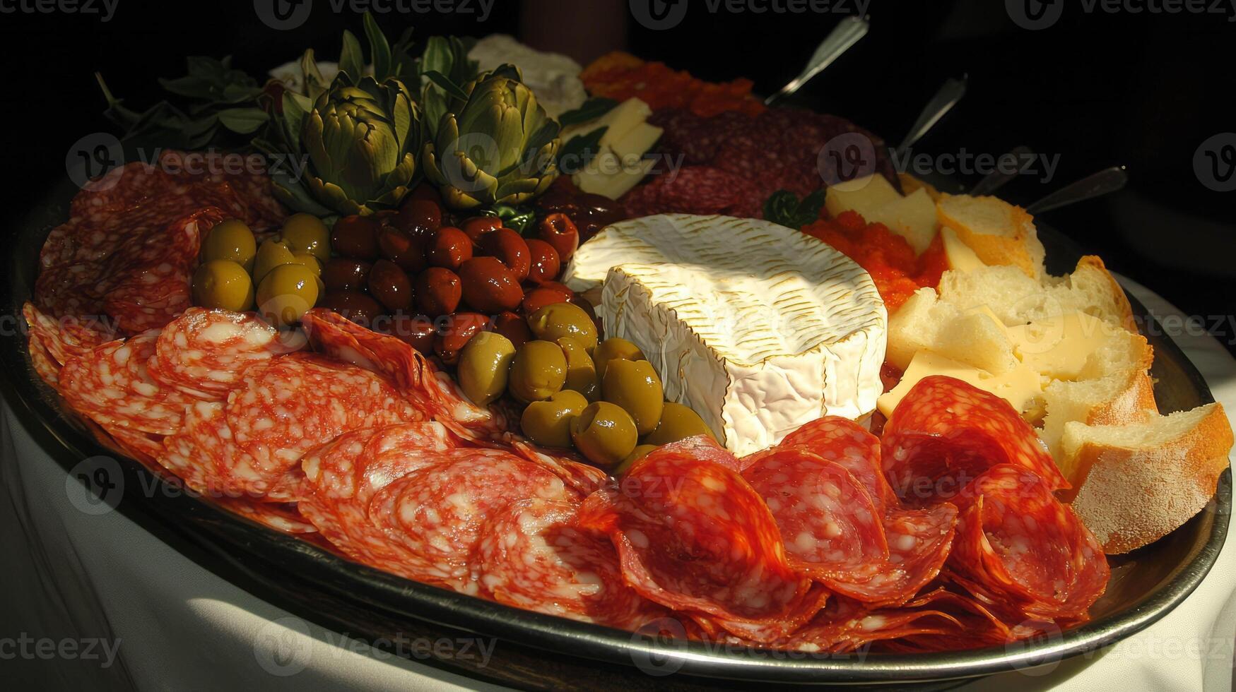 Rustic italian antipasto platter with cured meats, cheeses, and olives for gourmet entertaining photo