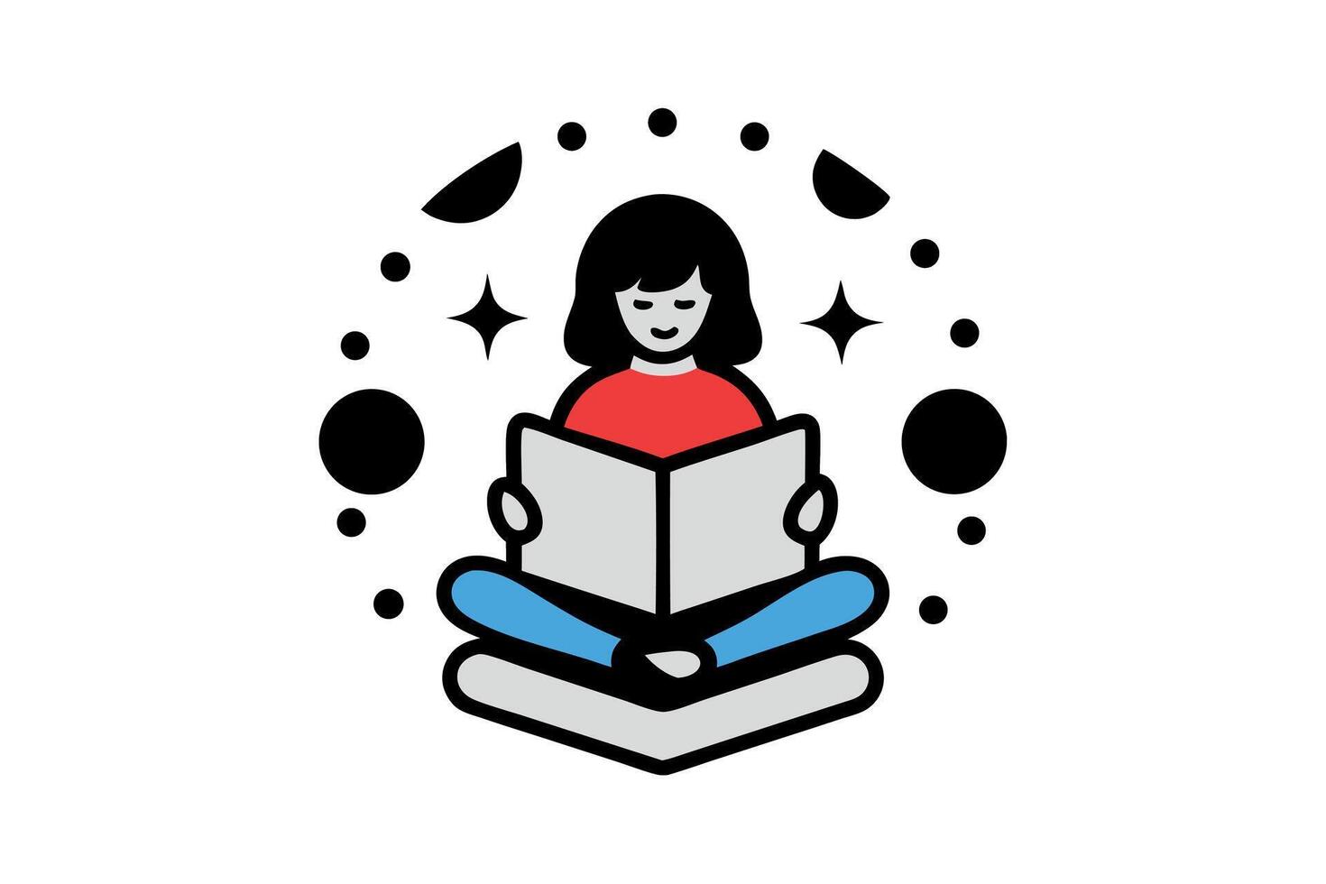 World Book Day Cute Girl Reading a Book with Magical Symbols Around Her, Representing the Joy and Magic of Reading and Learning vector