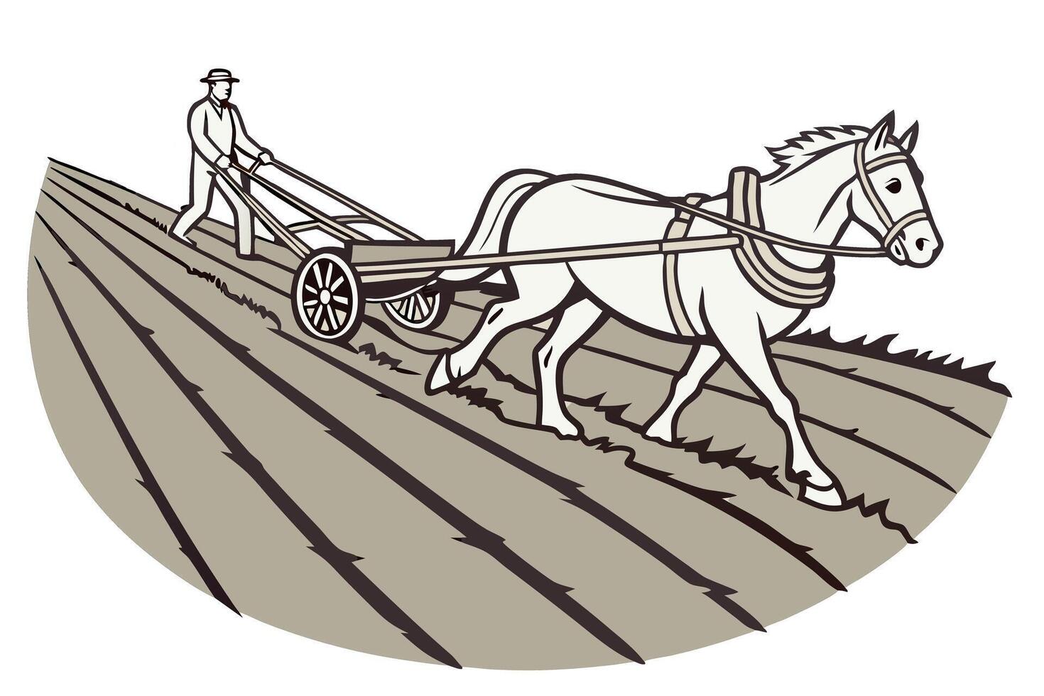A vintage scene of a farmer plowing a field with the help of a horse, highlighting old fashioned farming tools and methods for soil cultivation vector