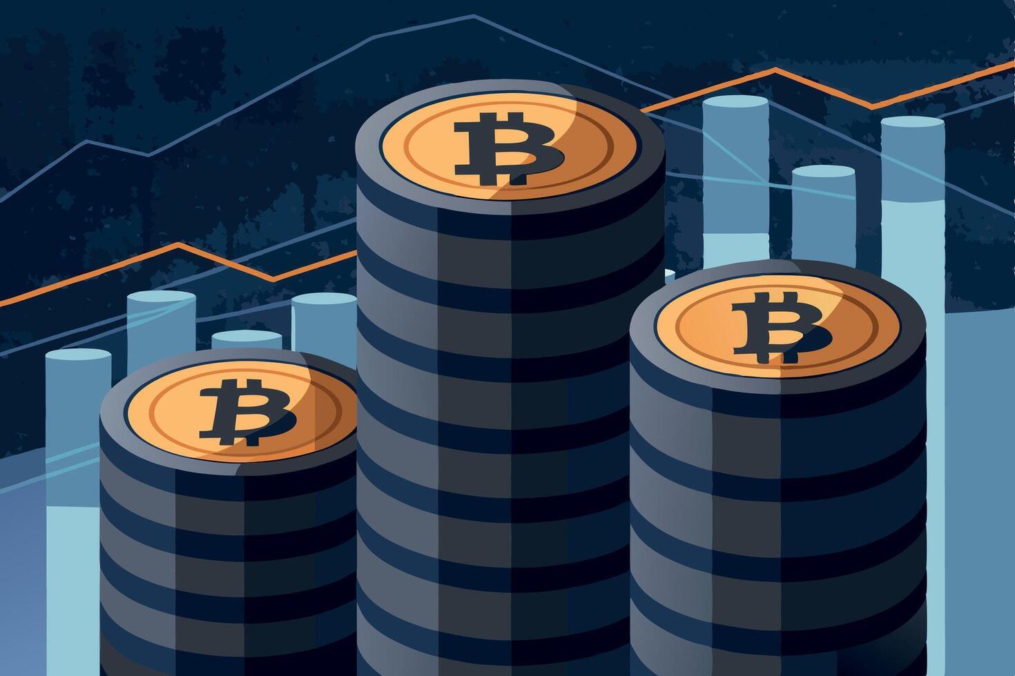 Cryptocurrency growth with stacked Bitcoin coins and a graph showing rising cash flow vector