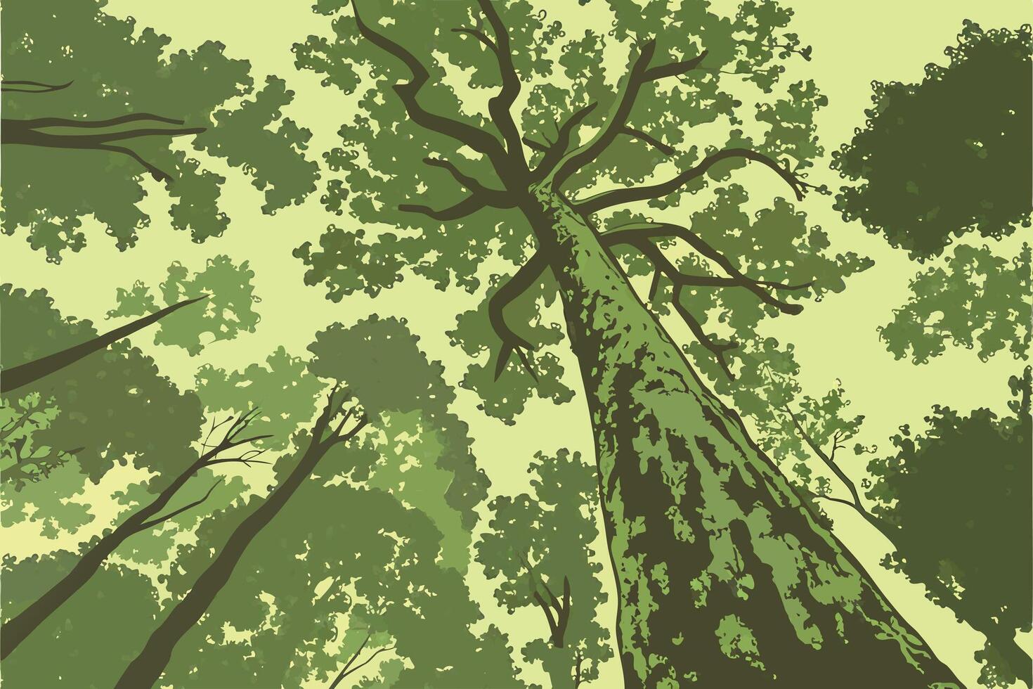 Looking Up at a Majestic Forest Canopy A Green energy Earth Day View from Below Showing Tall Trees and Lush Greenery vector