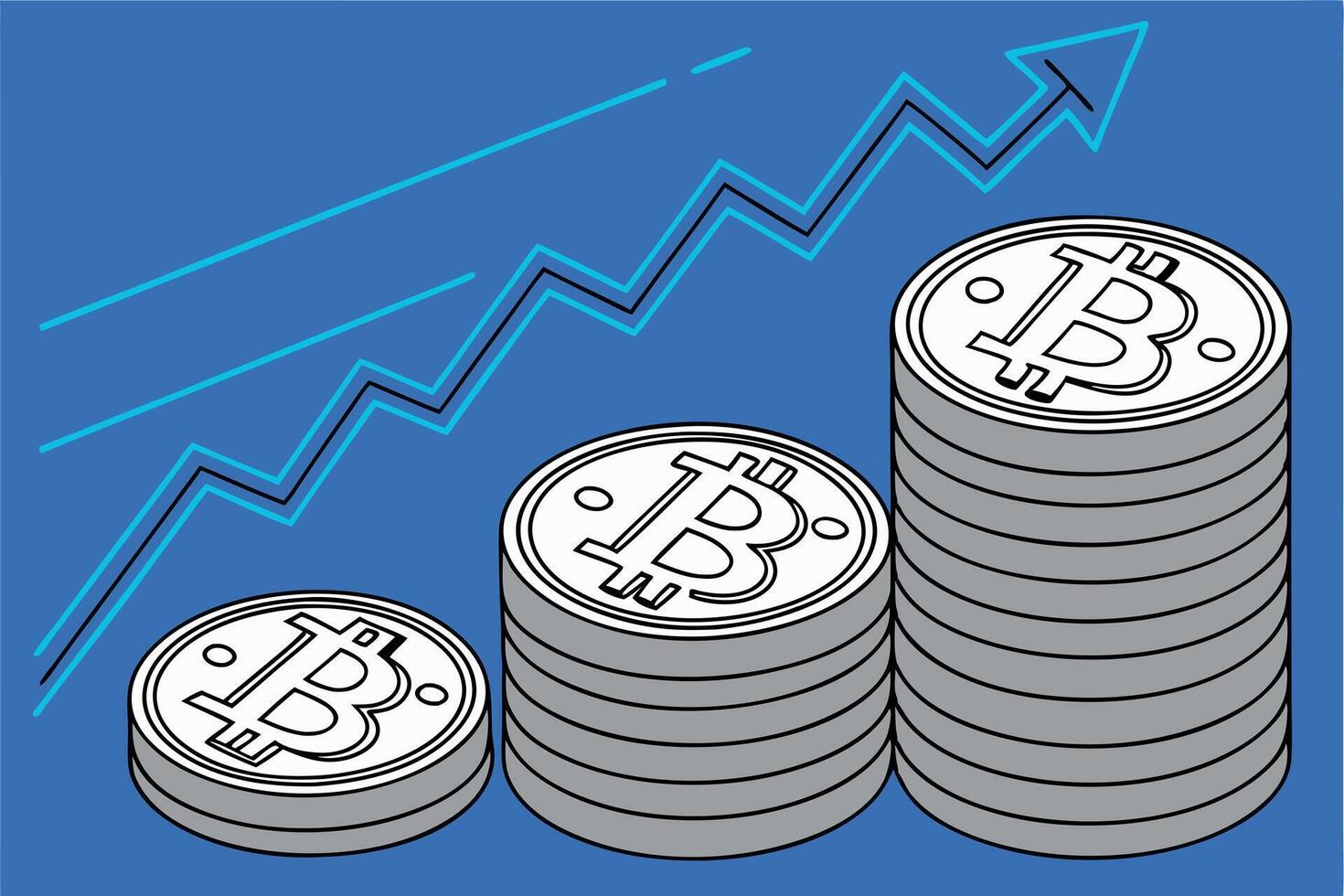 Bitcoin currency stacked with a graph indicating rising cash flow and increasing value vector